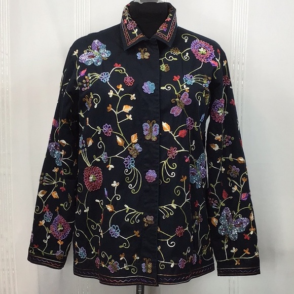 🪿Quacker Factory Black Floral Beaded Embroidered Button Front Turquoise Trim - Picture 2 of 11